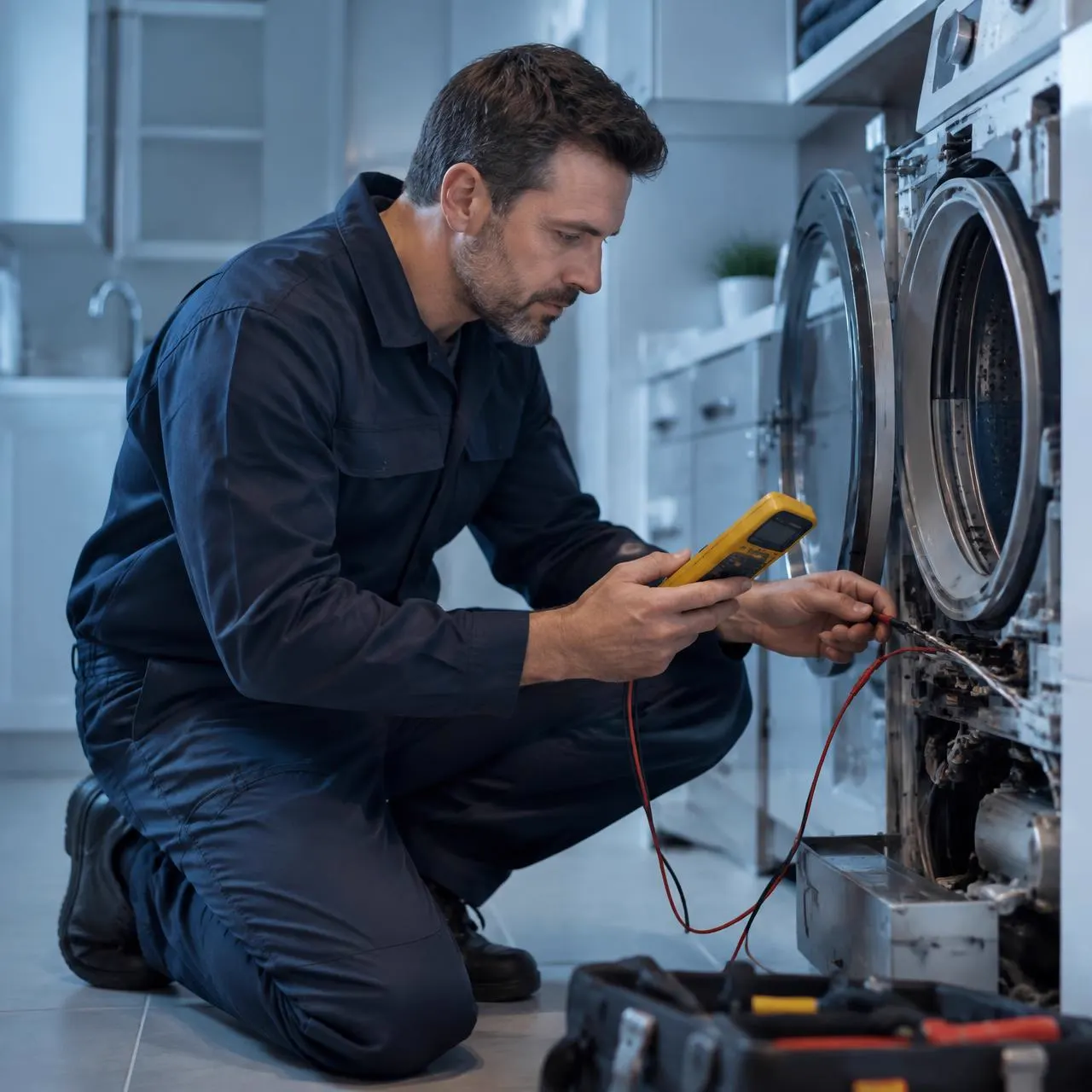 Técnico trabalhando em máquina de lavar